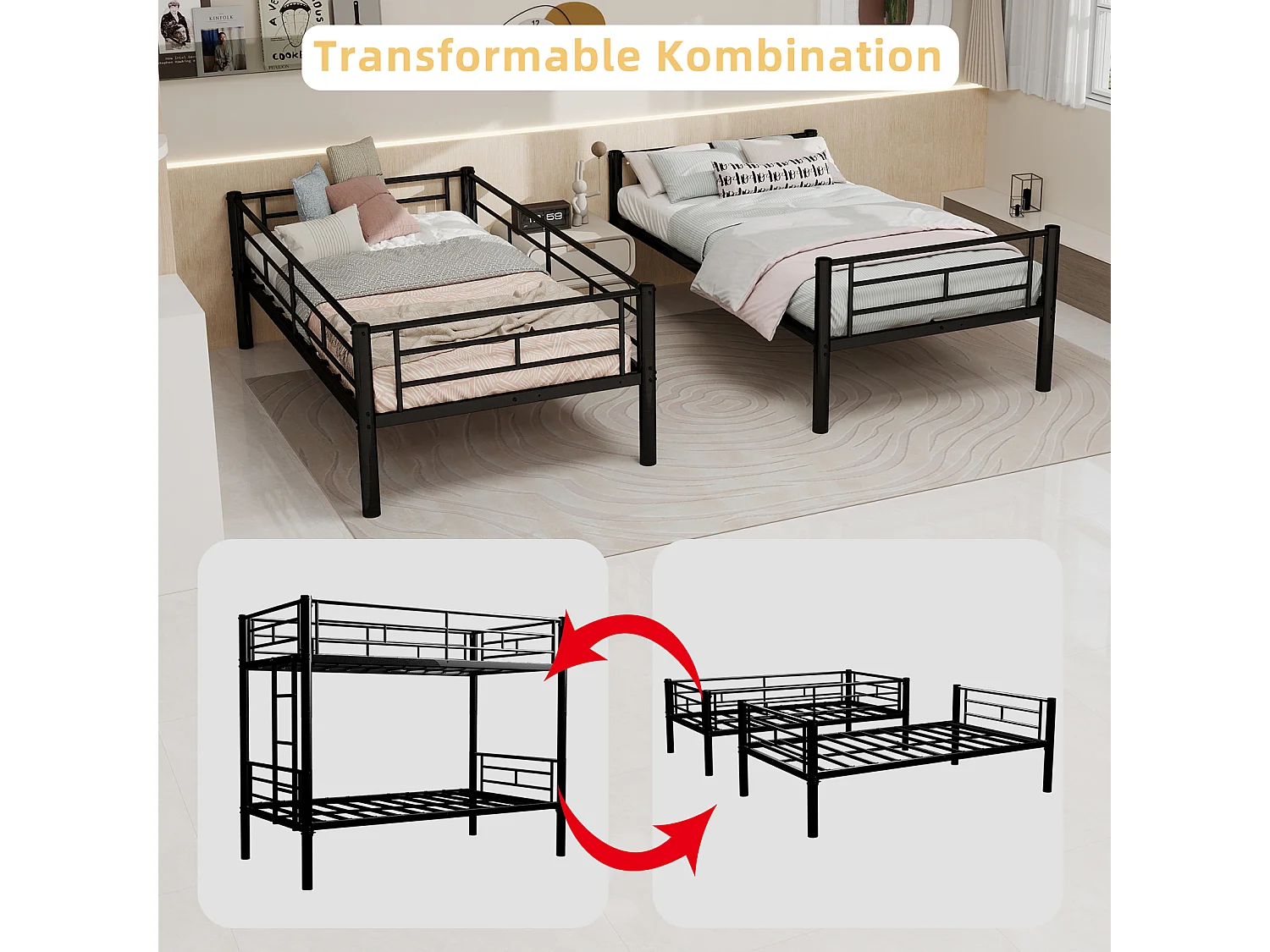 Lit superposé 90x190 cm convertible en 2 lits - Lit enfant en métal noir