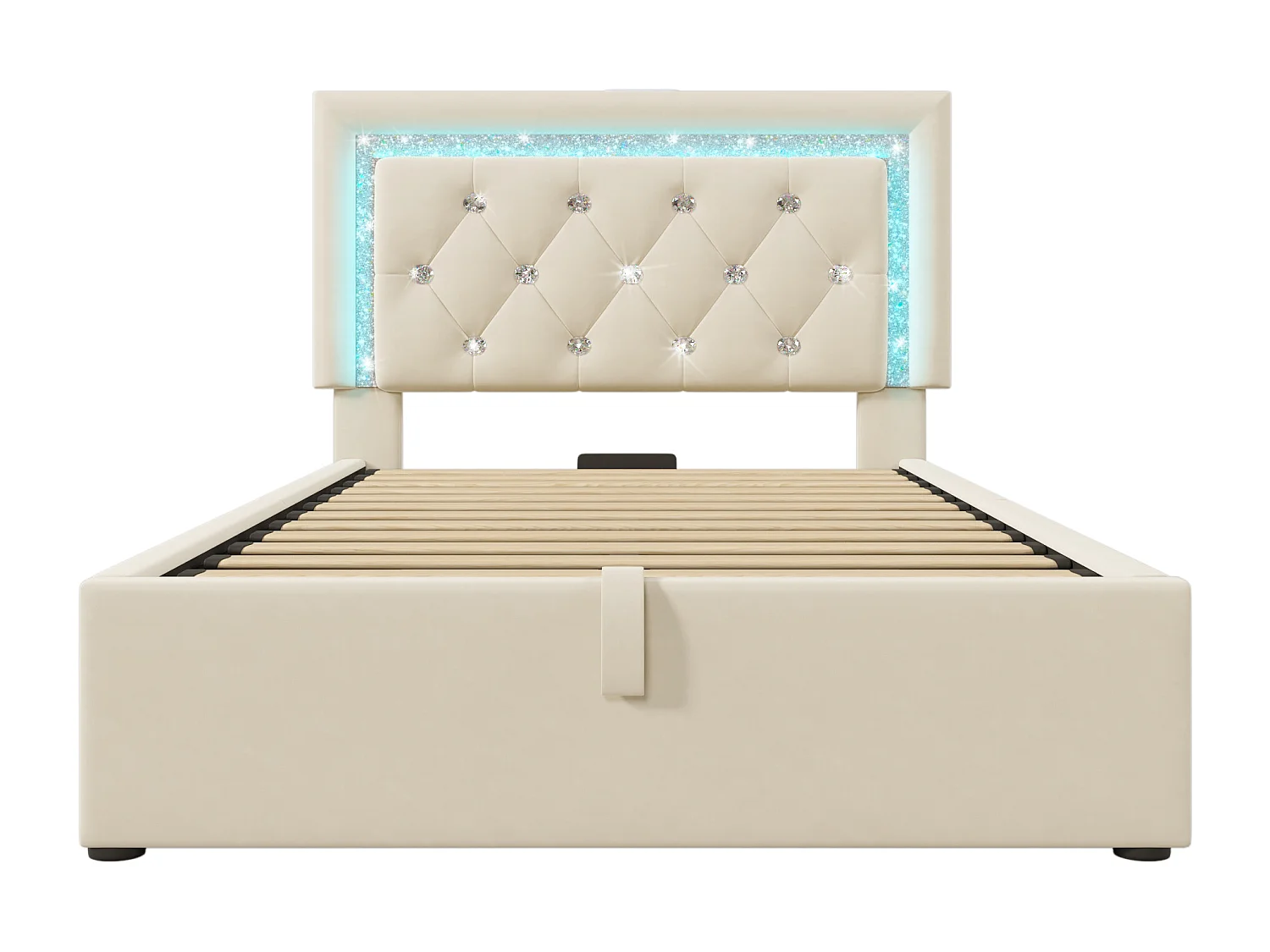Eenpersoons opbergbed 90x200 cm met LED-verlichting, USB- en Type-C-aansluiting - Beige fluweel