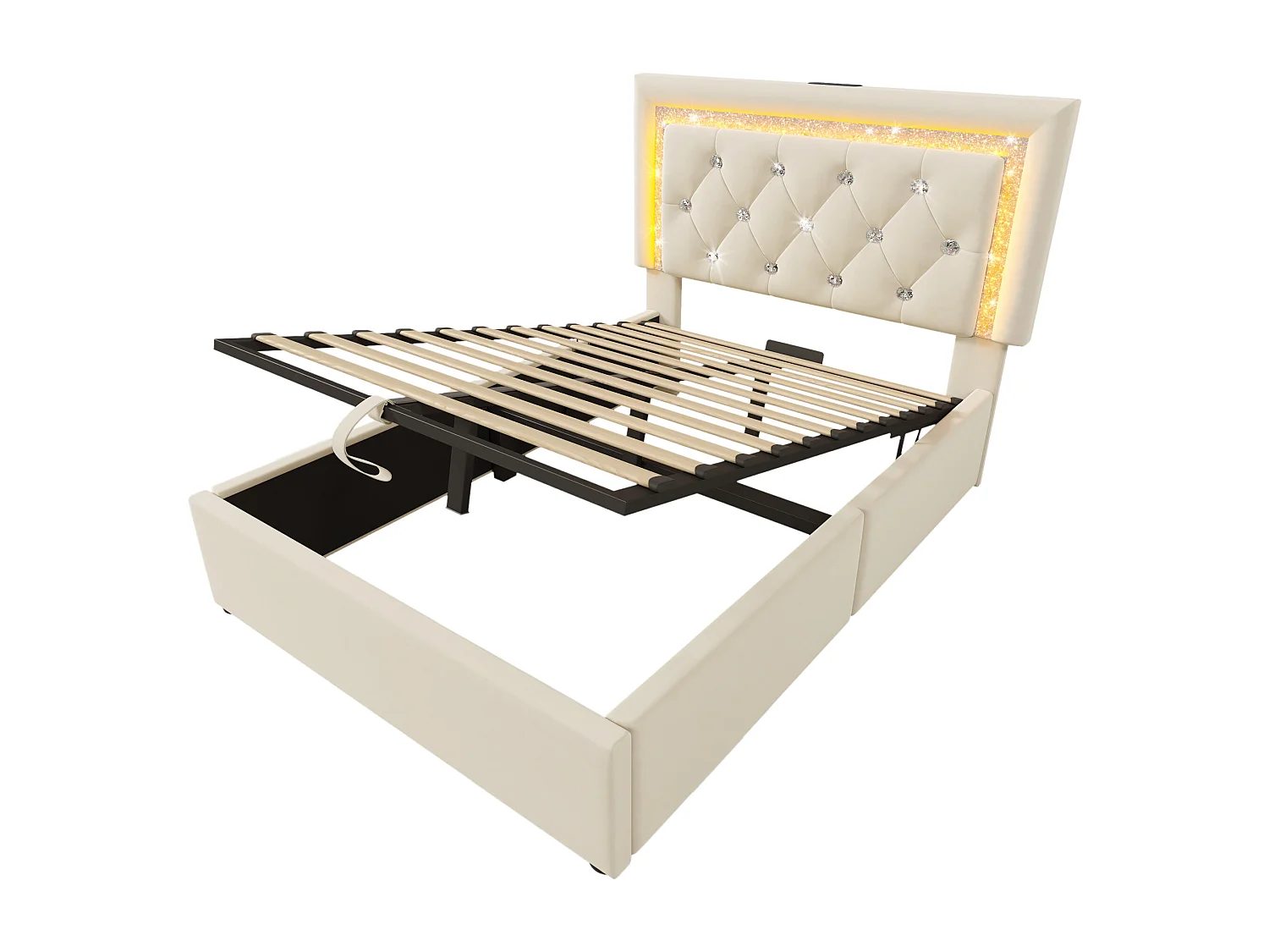 Eenpersoons opbergbed 90x200 cm met LED-verlichting, USB- en Type-C-aansluiting - Beige fluweel