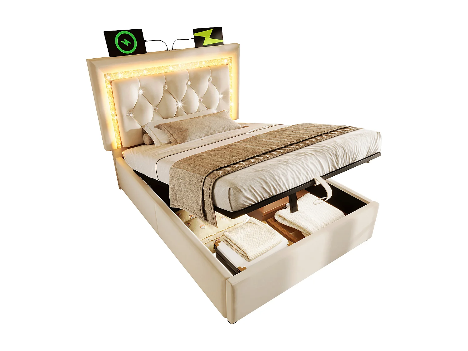 Eenpersoons opbergbed 90x200 cm met LED-verlichting, USB- en Type-C-aansluiting - Beige fluweel