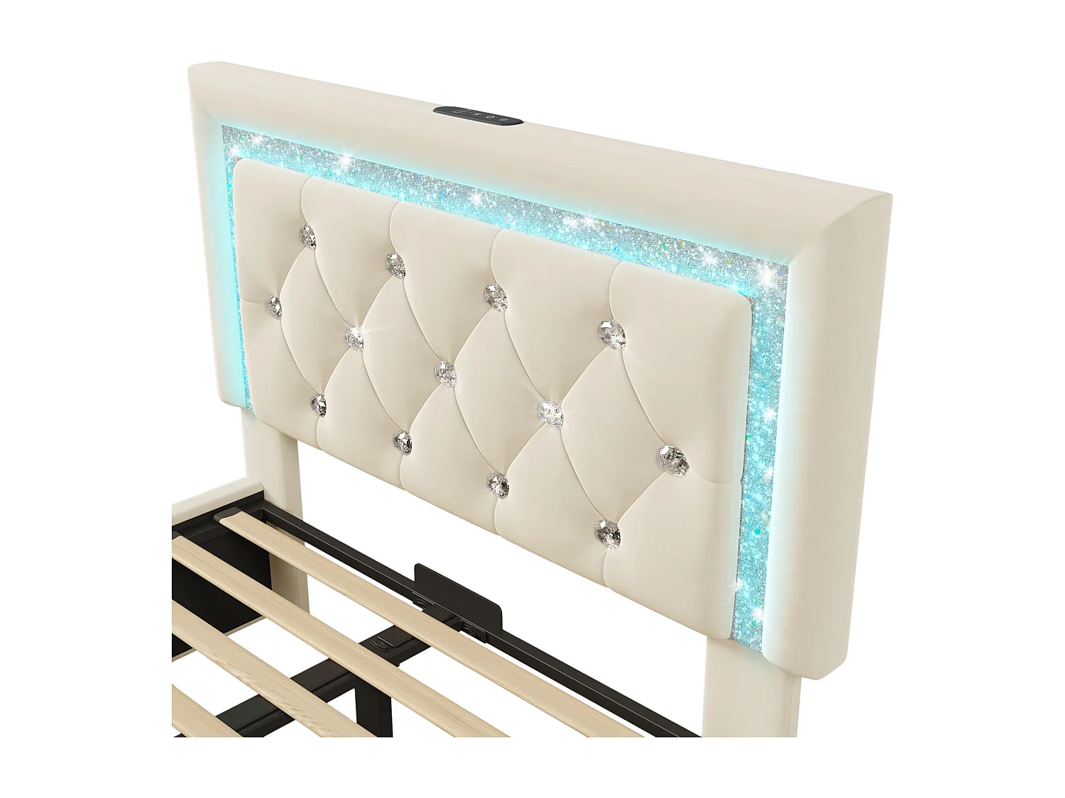 Eenpersoons opbergbed 90x200 cm met LED-verlichting, USB- en Type-C-aansluiting - Beige fluweel