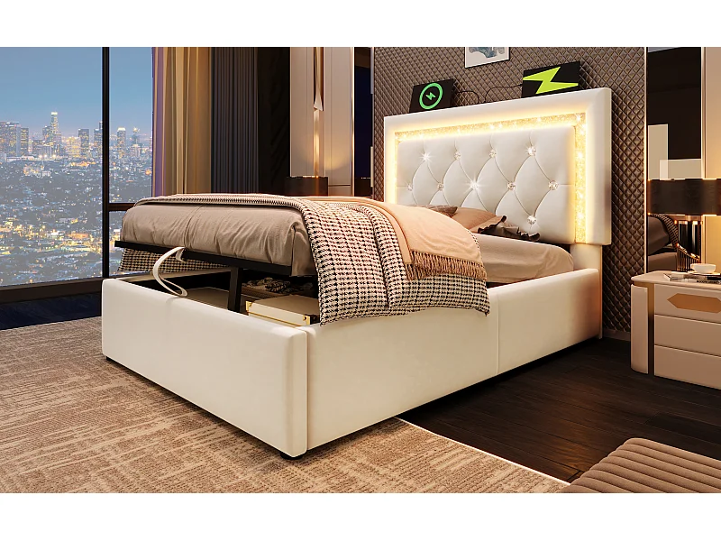 Lit coffre simple 90x200 cm avec LED, USB et Type-C - Velours beige
