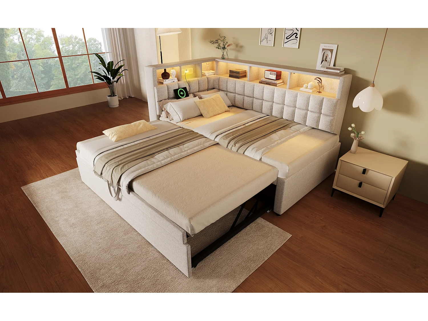 Divano letto 90x200cm con letto estraibile 90x190cm - Letto per bambini con LED, USB e Type-C - Lino beige