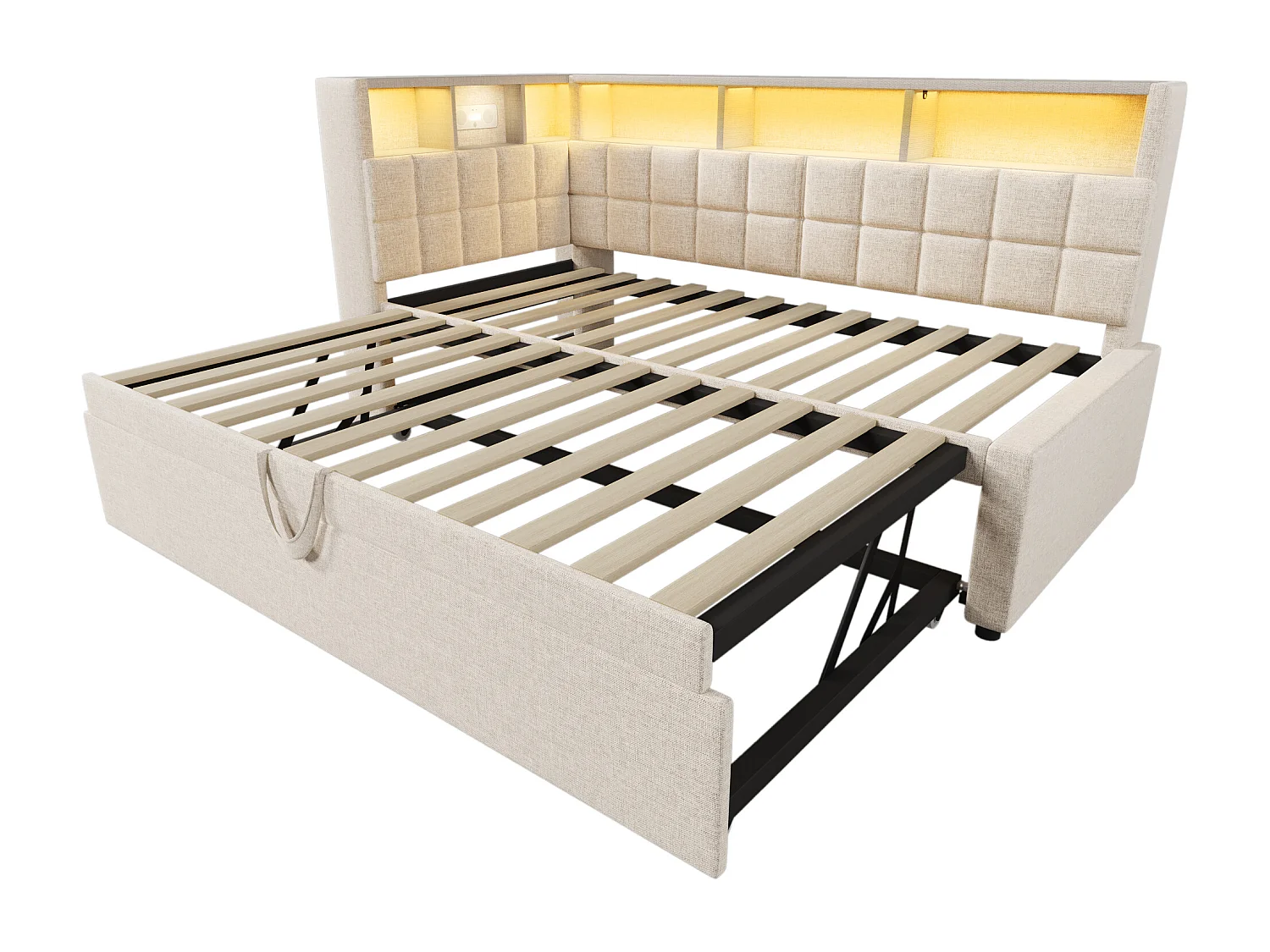 Divano letto 90x200cm con letto estraibile 90x190cm - Letto per bambini con LED, USB e Type-C - Lino beige