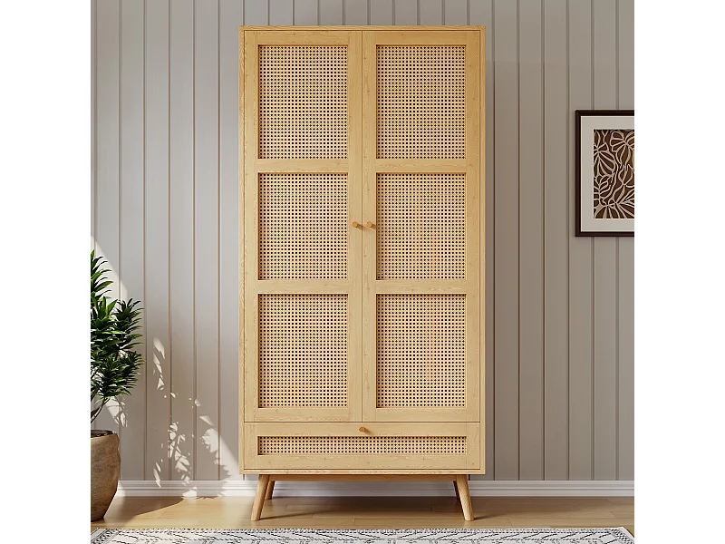 Armoire avec penderie et 2 portes en rotin - Naturel clair