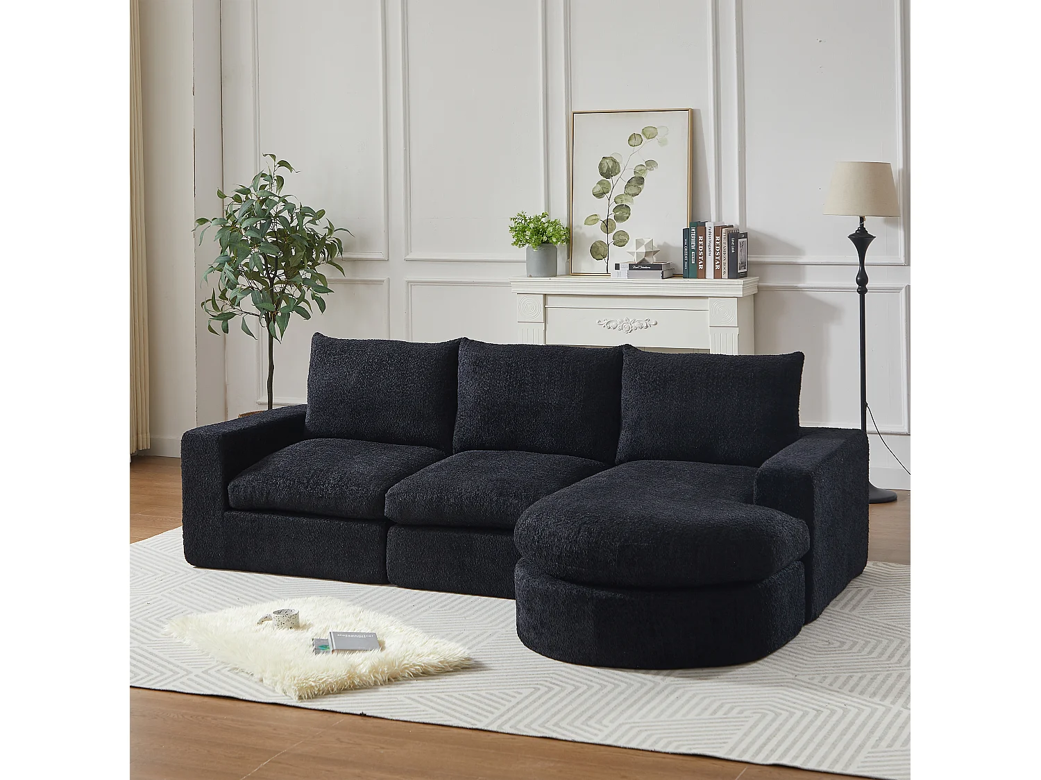 Canapé d'angle 3 places avec méridienne et 3 coussins - Tissu chenille noir