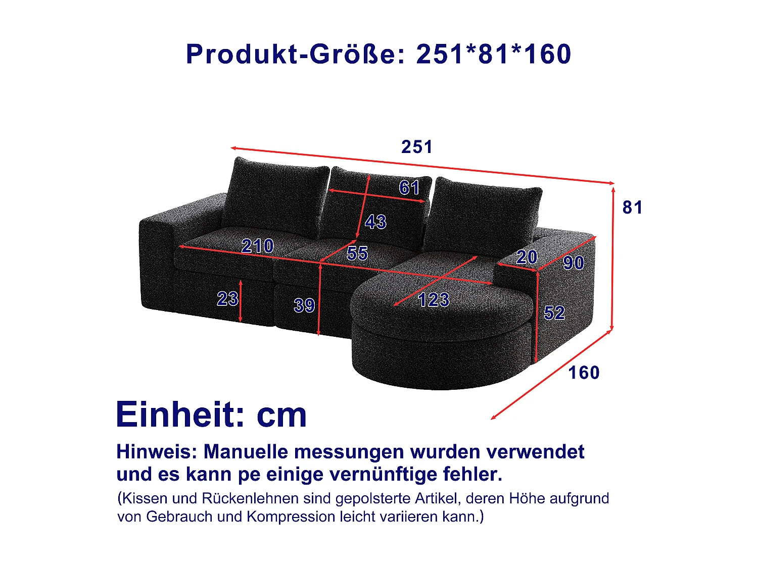 Canapé d'angle 3 places avec méridienne et 3 coussins - Tissu chenille noir