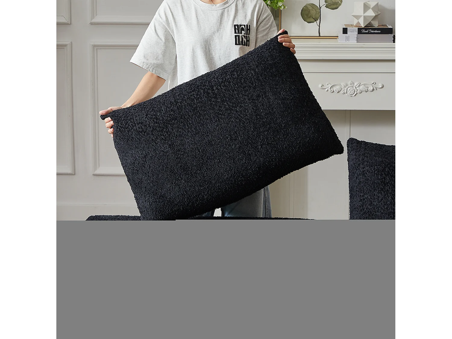 Canapé d'angle 3 places avec méridienne et 3 coussins - Tissu chenille noir