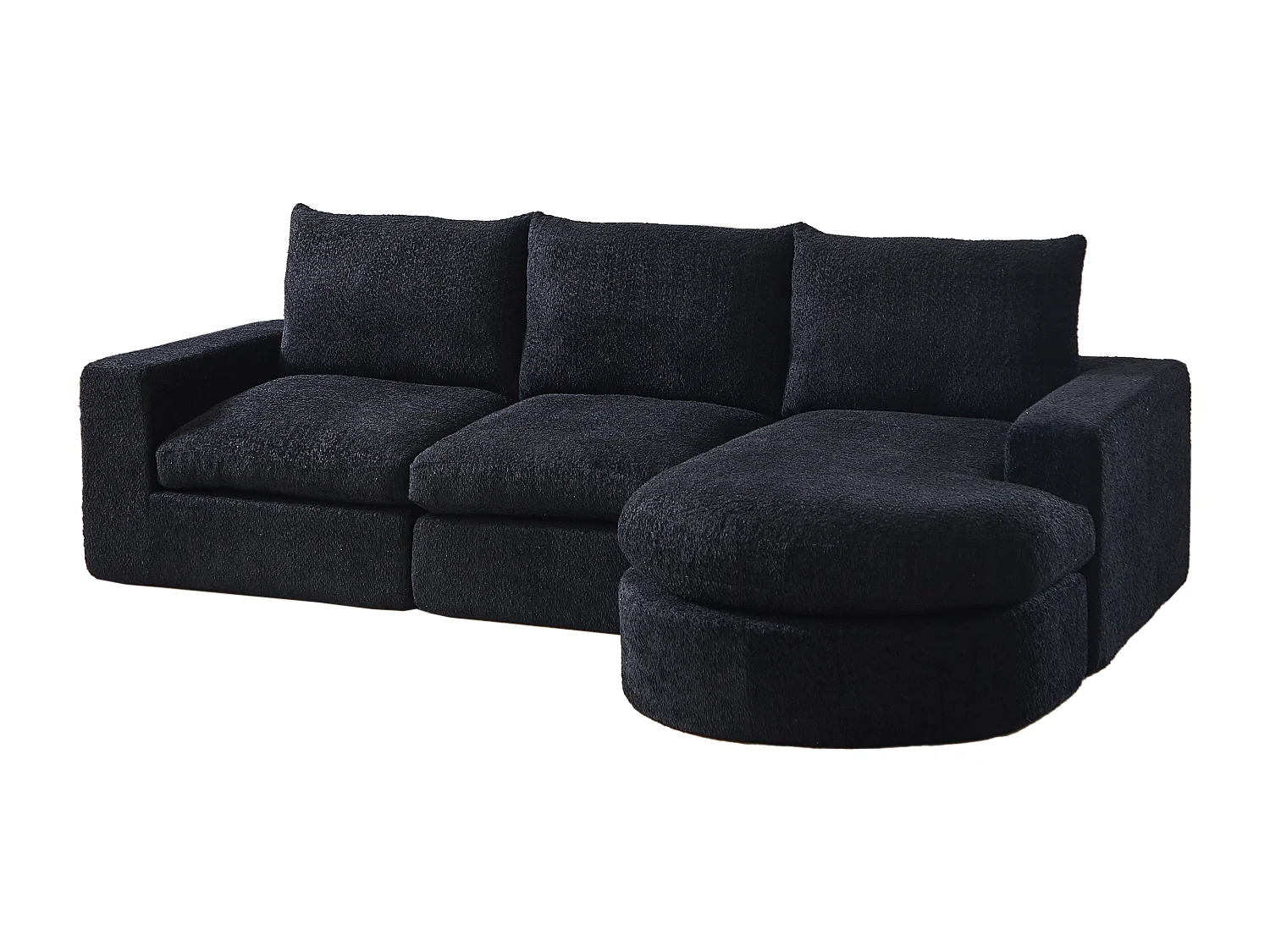 Canapé d'angle 3 places avec méridienne et 3 coussins - Tissu chenille noir