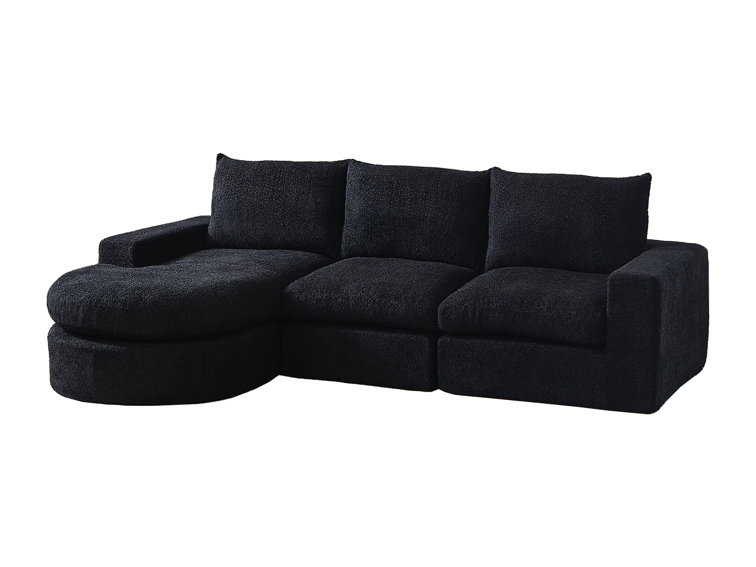 Canapé d'angle 3 places avec méridienne et 3 coussins - Tissu chenille noir