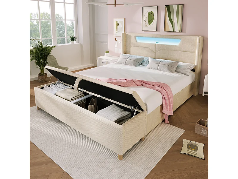Lit coffre 140x200cm avec LED et USB en lin beige - Lit adulte avec banc de lit