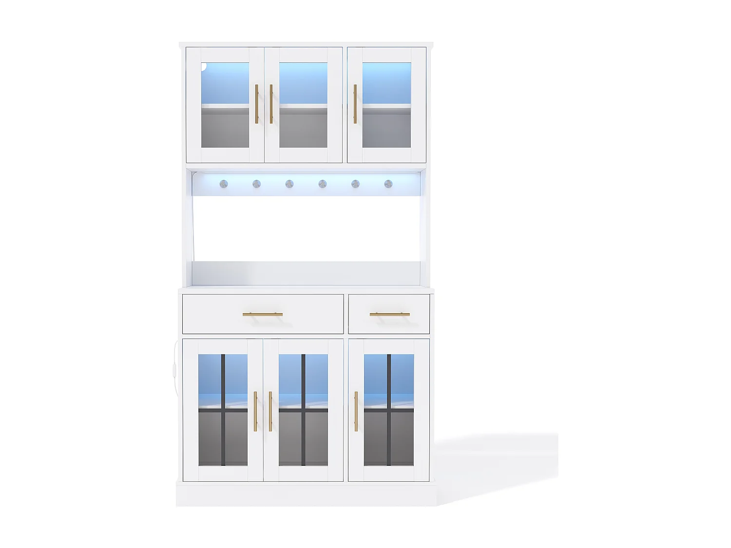 Aparador de cozinha com iluminação LED, tomada elétrica, 6 portas de vidro e 2 gavetas - Prateleiras ajustáveis ​​​​- Branco