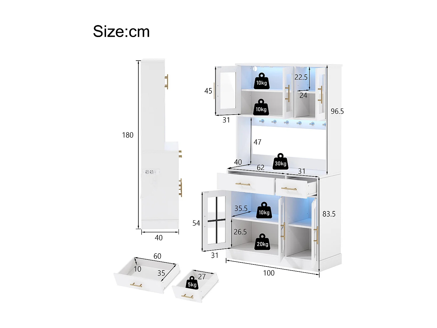 Aparador de cozinha com iluminação LED, tomada elétrica, 6 portas de vidro e 2 gavetas - Prateleiras ajustáveis ​​​​- Branco