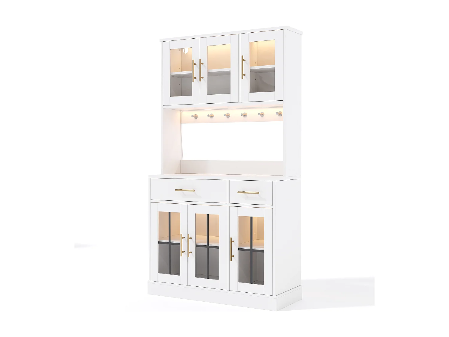 Aparador de cozinha com iluminação LED, tomada elétrica, 6 portas de vidro e 2 gavetas - Prateleiras ajustáveis ​​​​- Branco