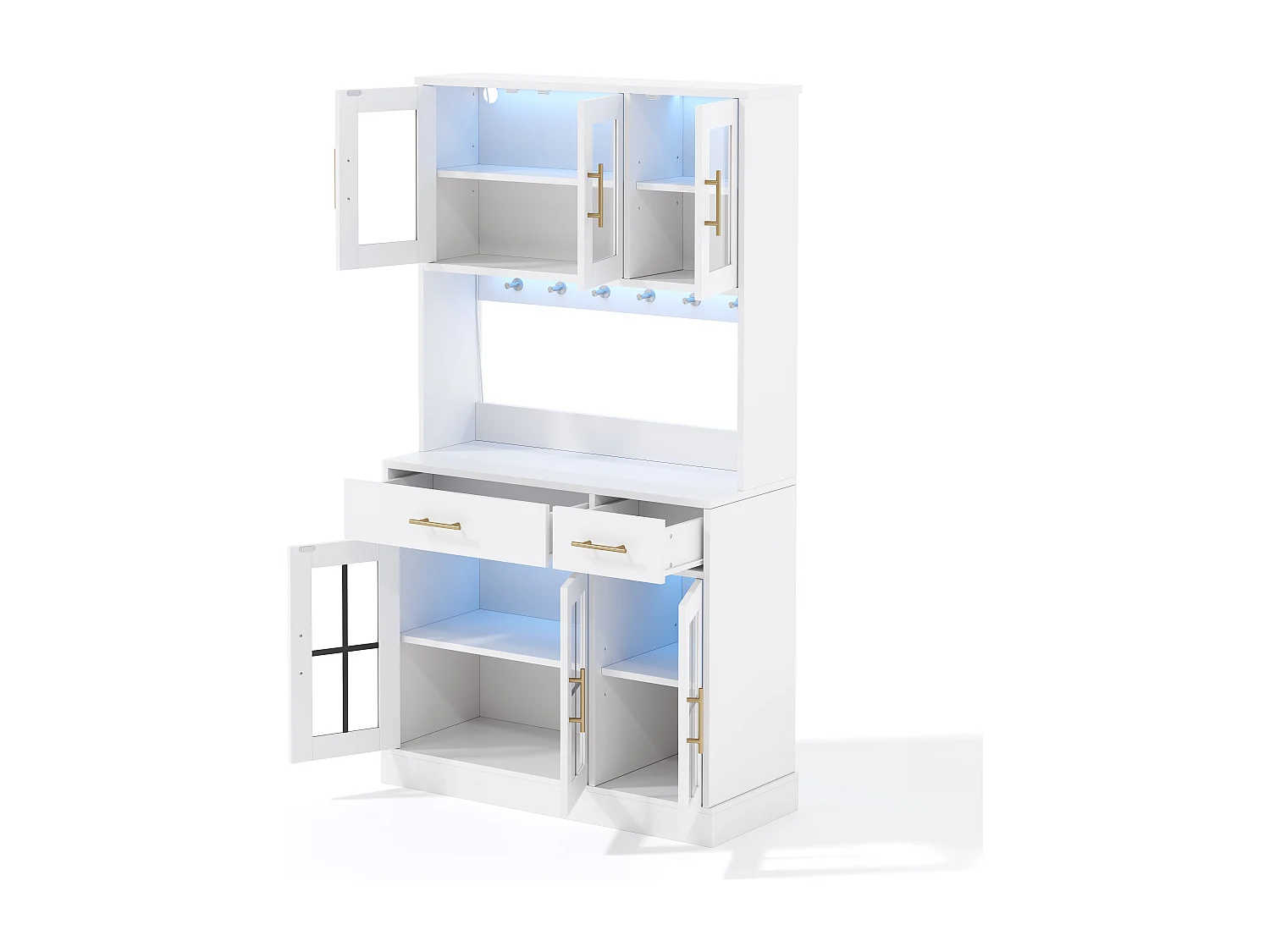 Aparador de cozinha com iluminação LED, tomada elétrica, 6 portas de vidro e 2 gavetas - Prateleiras ajustáveis ​​​​- Branco