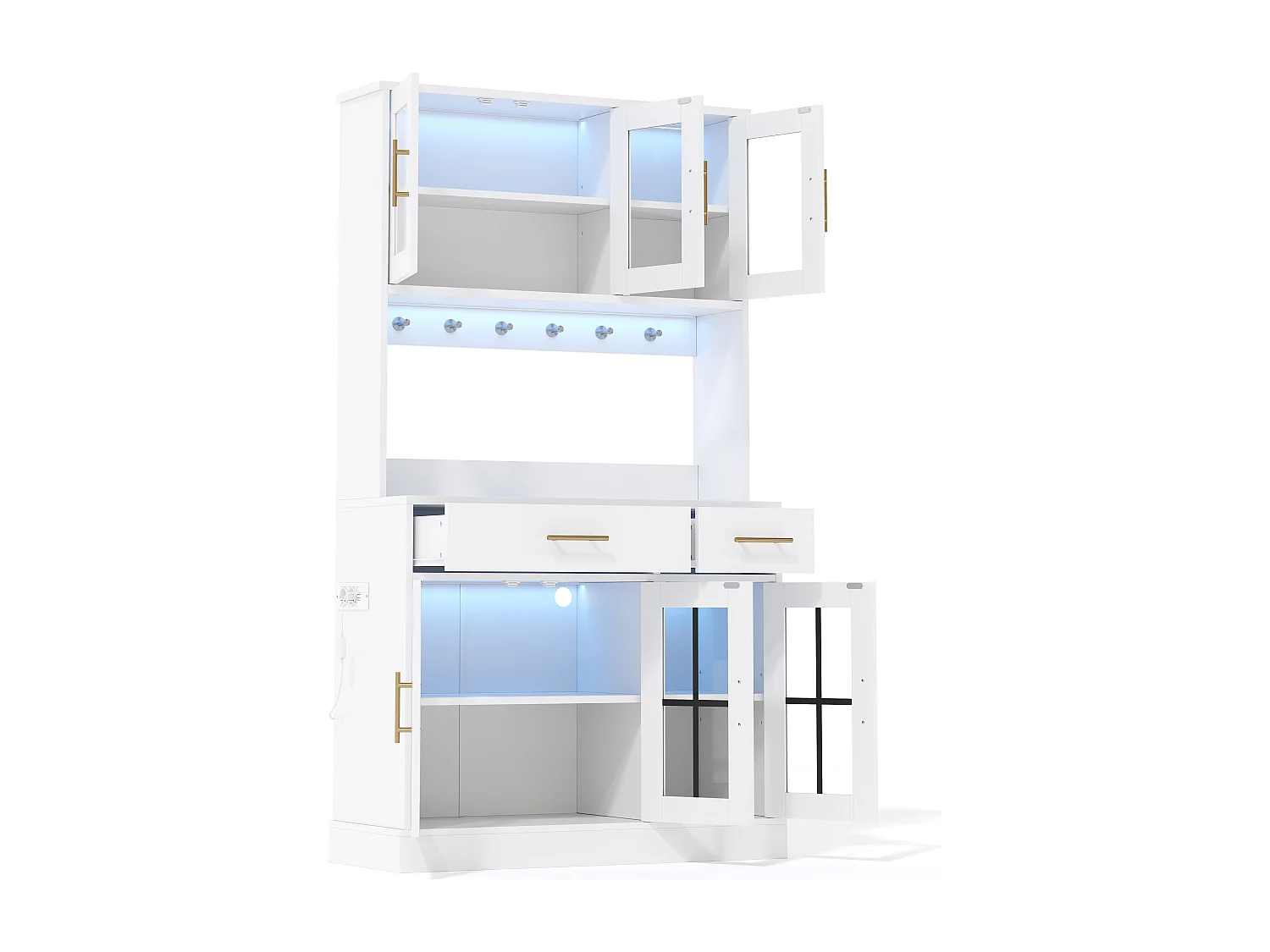 Aparador de cozinha com iluminação LED, tomada elétrica, 6 portas de vidro e 2 gavetas - Prateleiras ajustáveis ​​​​- Branco