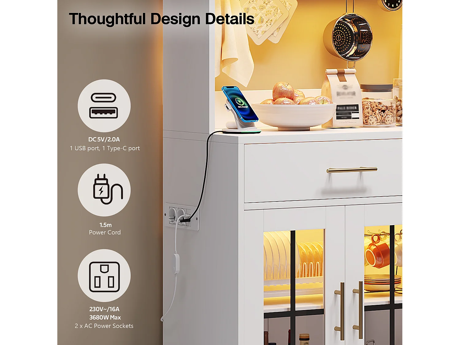 Aparador de cozinha com iluminação LED, tomada elétrica, 6 portas de vidro e 2 gavetas - Prateleiras ajustáveis ​​​​- Branco