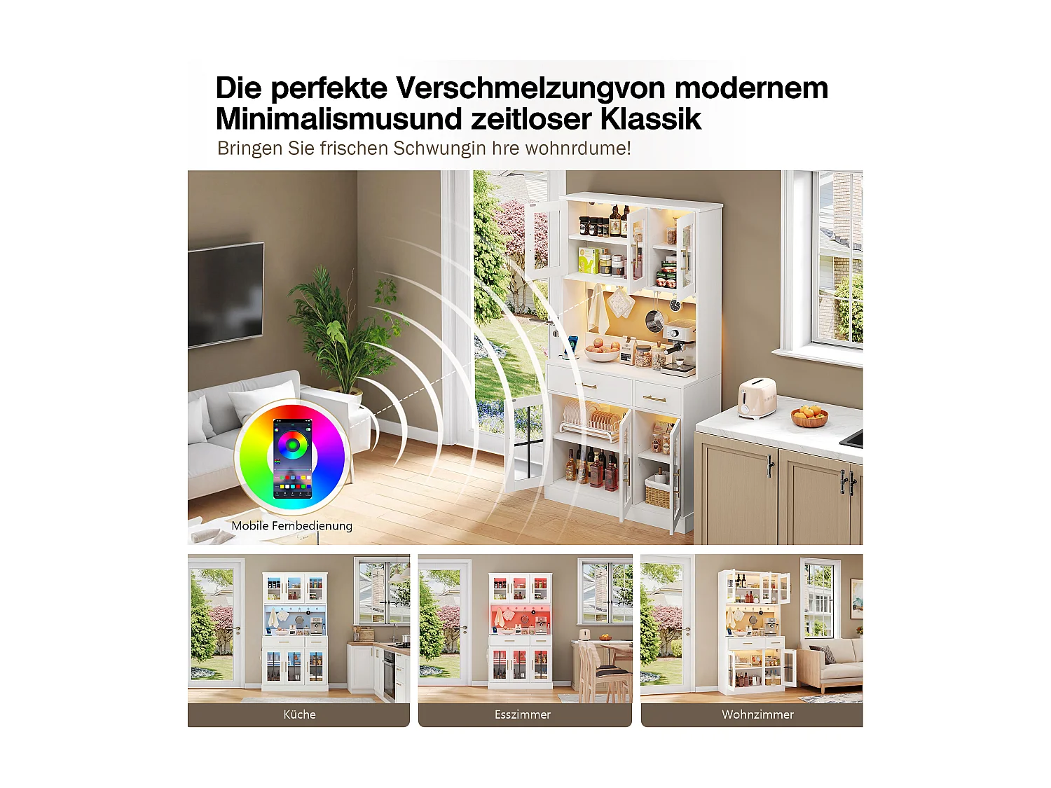 Aparador de cozinha com iluminação LED, tomada elétrica, 6 portas de vidro e 2 gavetas - Prateleiras ajustáveis ​​​​- Branco