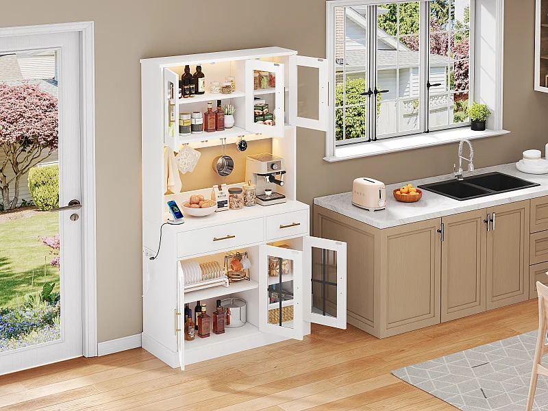 Aparador de cozinha com iluminação LED, tomada elétrica, 6 portas de vidro e 2 gavetas - Prateleiras ajustáveis ​​​​- Branco