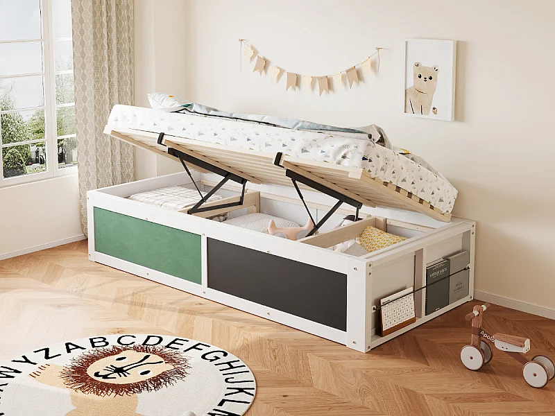 Lit coffre enfant 90x200 cm avec tablette d'écriture - Sans de tête de lit - Blanc