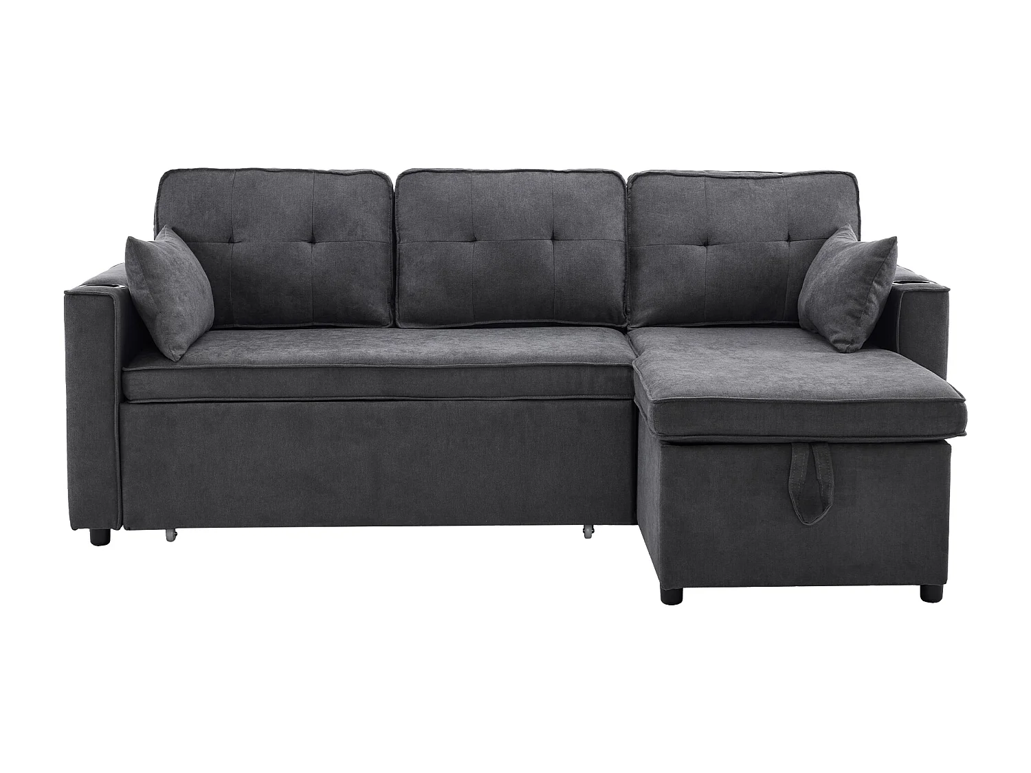 Canapé d'angle convertible 3 places avec porte-gobelet et rangement - Tissu coton-lin gris