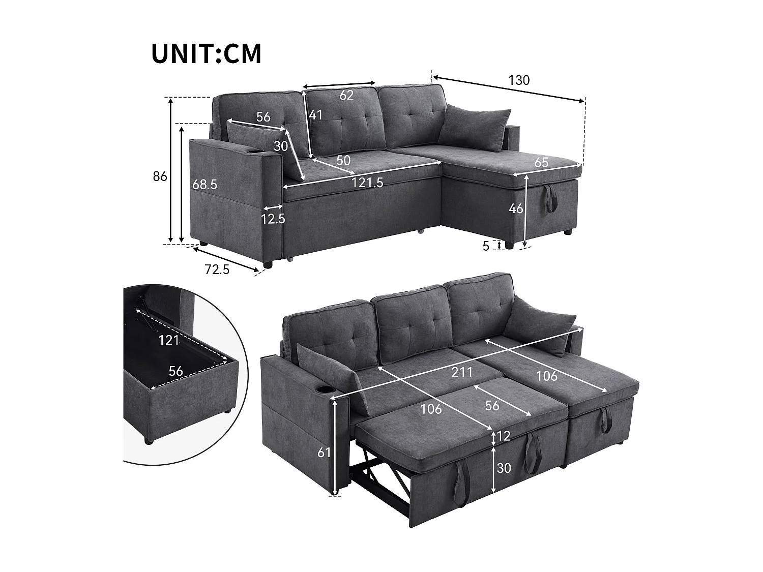 Canapé d'angle convertible 3 places avec porte-gobelet et rangement - Tissu coton-lin gris