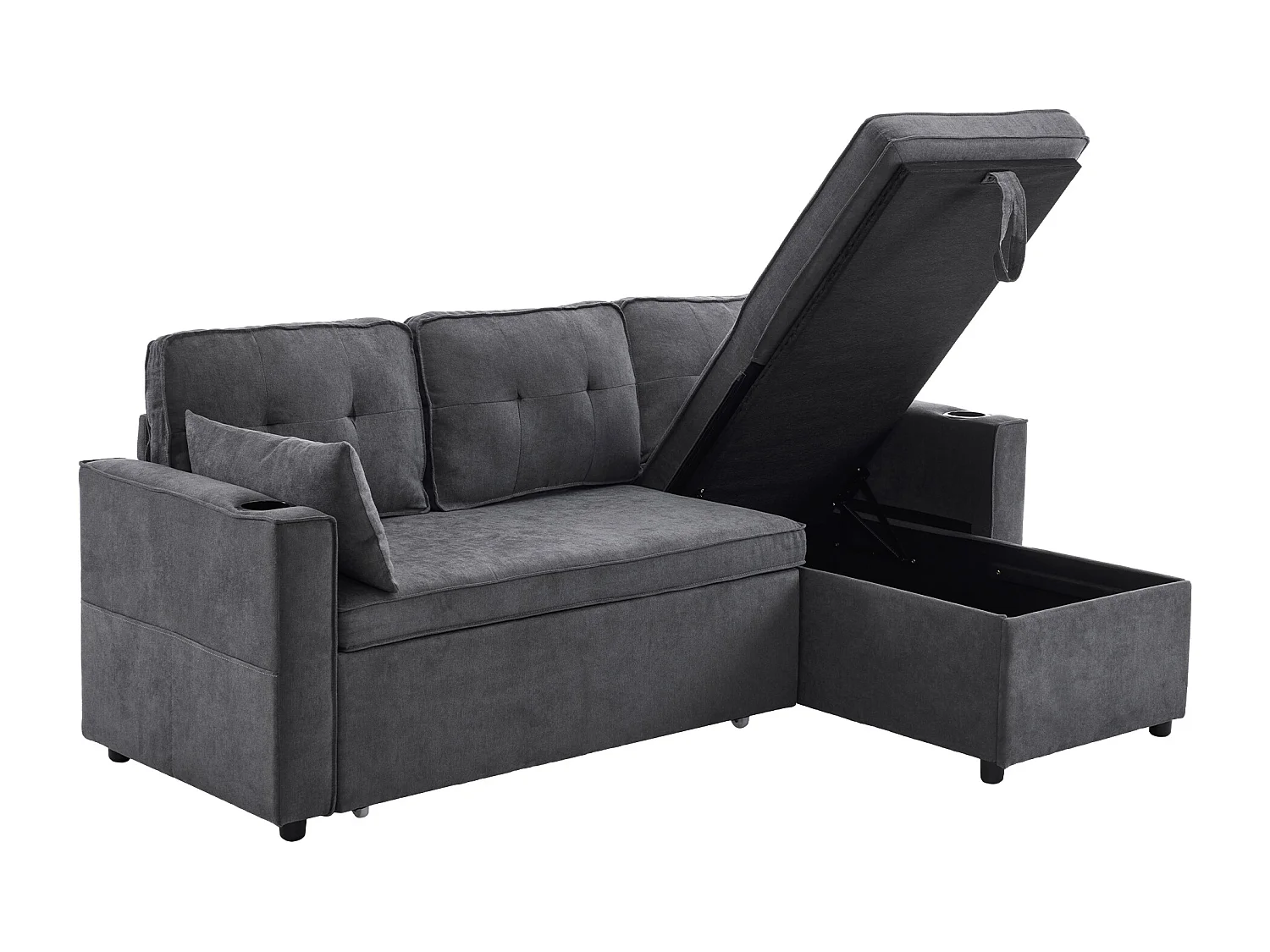 Canapé d'angle convertible 3 places avec porte-gobelet et rangement - Tissu coton-lin gris