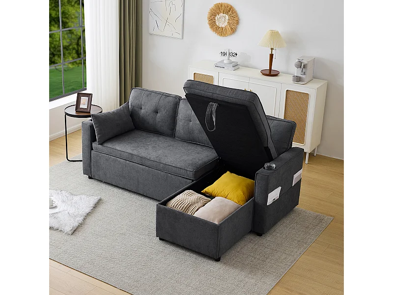 Canapé d'angle convertible 3 places avec porte-gobelet et rangement - Tissu coton-lin gris