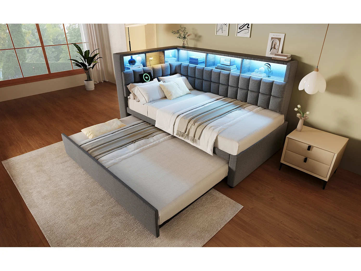 Divano letto 90x200cm con letto estraibile 90x190cm - Letto per bambini con LED, USB e Type-C - Lino grigio