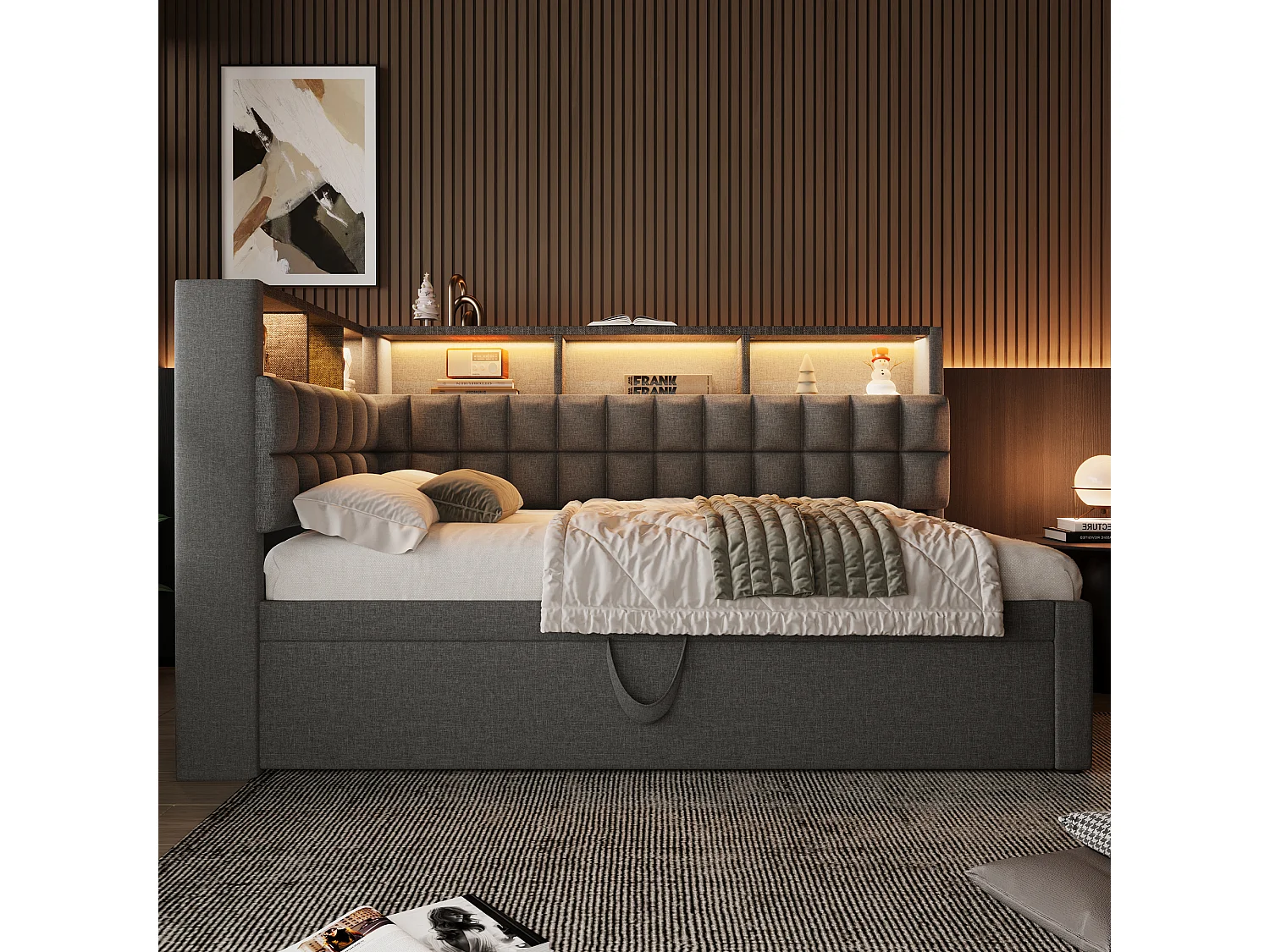 Divano letto 90x200cm con letto estraibile 90x190cm - Letto per bambini con LED, USB e Type-C - Lino grigio