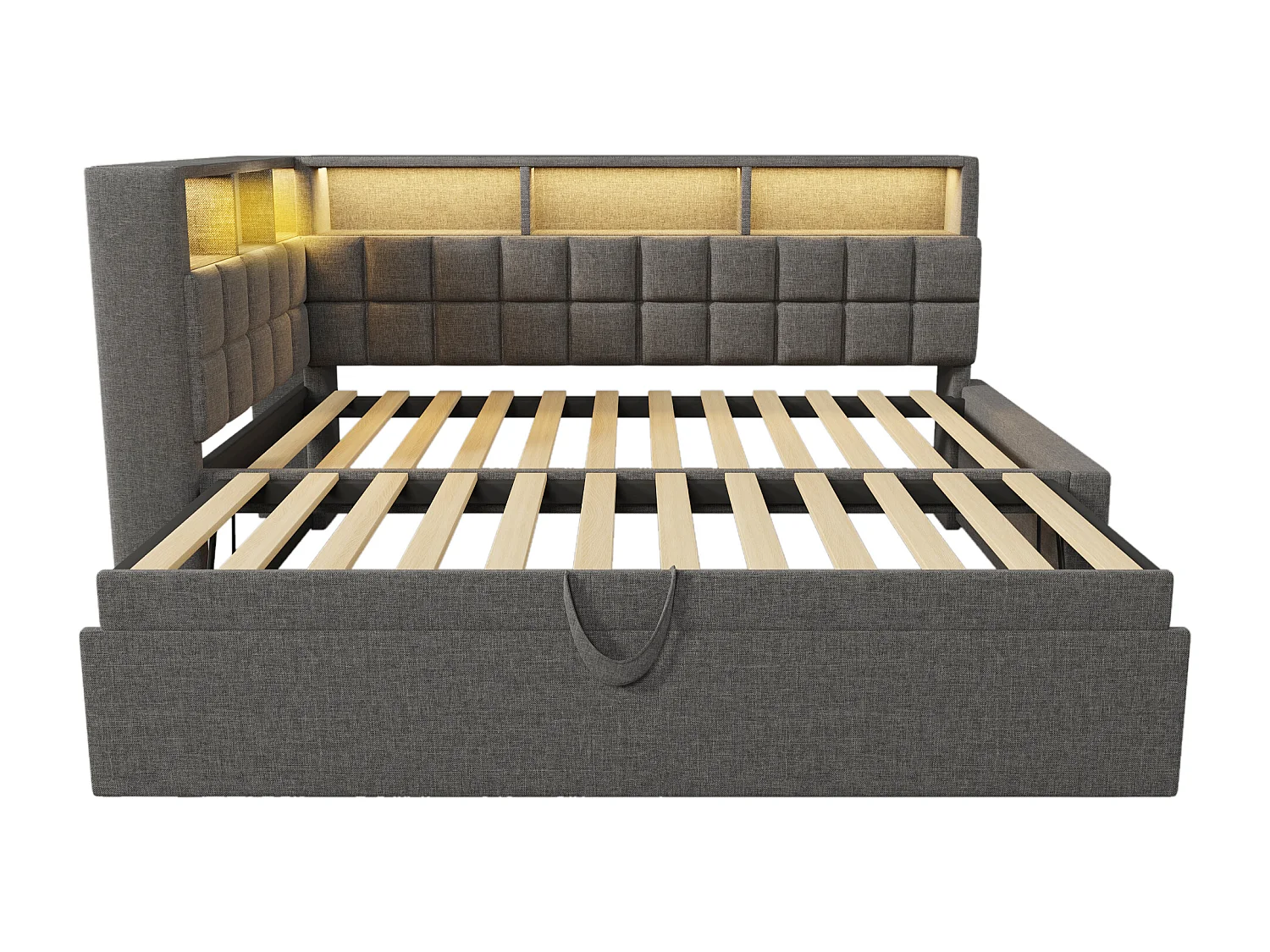 Divano letto 90x200cm con letto estraibile 90x190cm - Letto per bambini con LED, USB e Type-C - Lino grigio