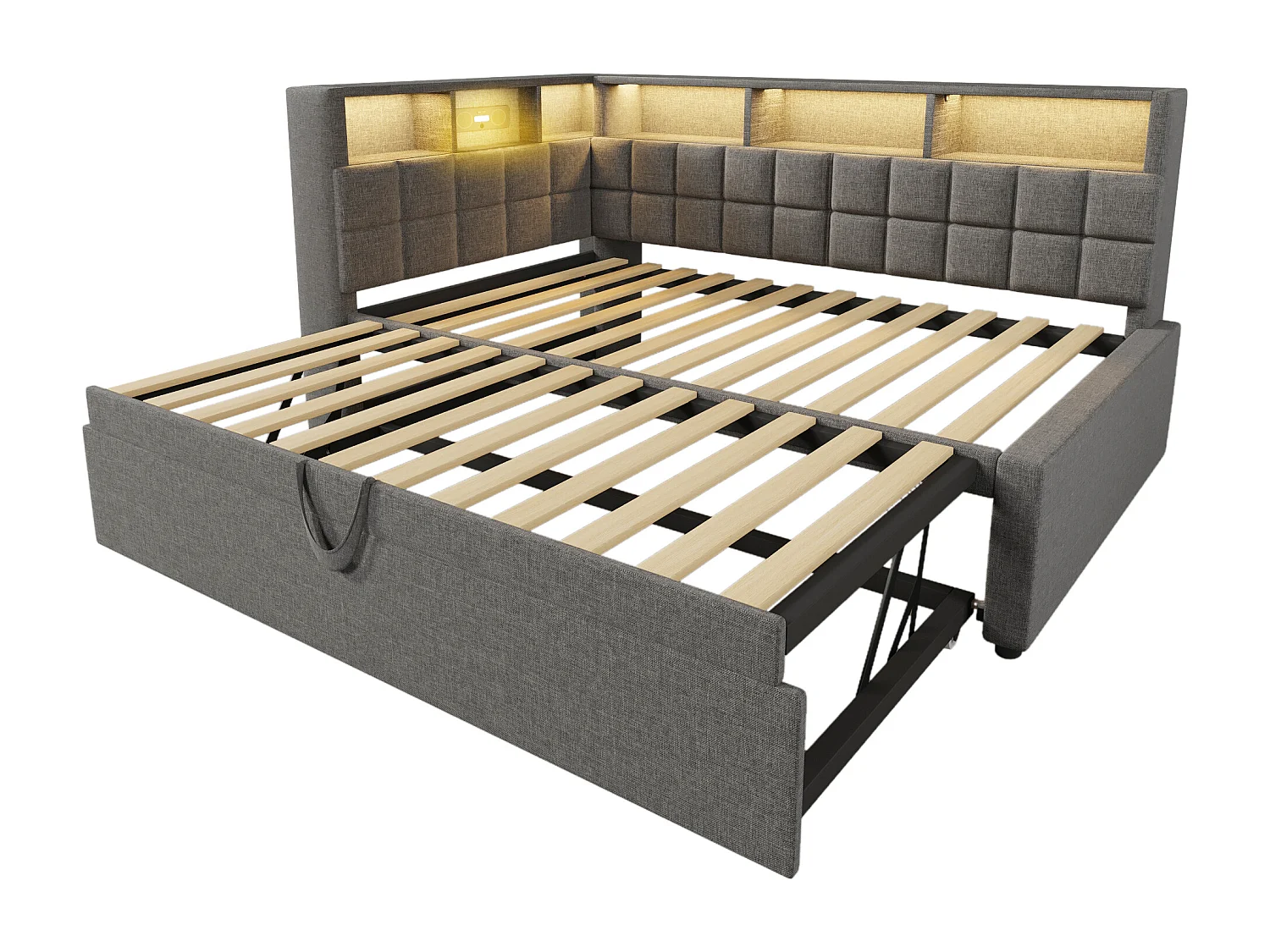 Divano letto 90x200cm con letto estraibile 90x190cm - Letto per bambini con LED, USB e Type-C - Lino grigio