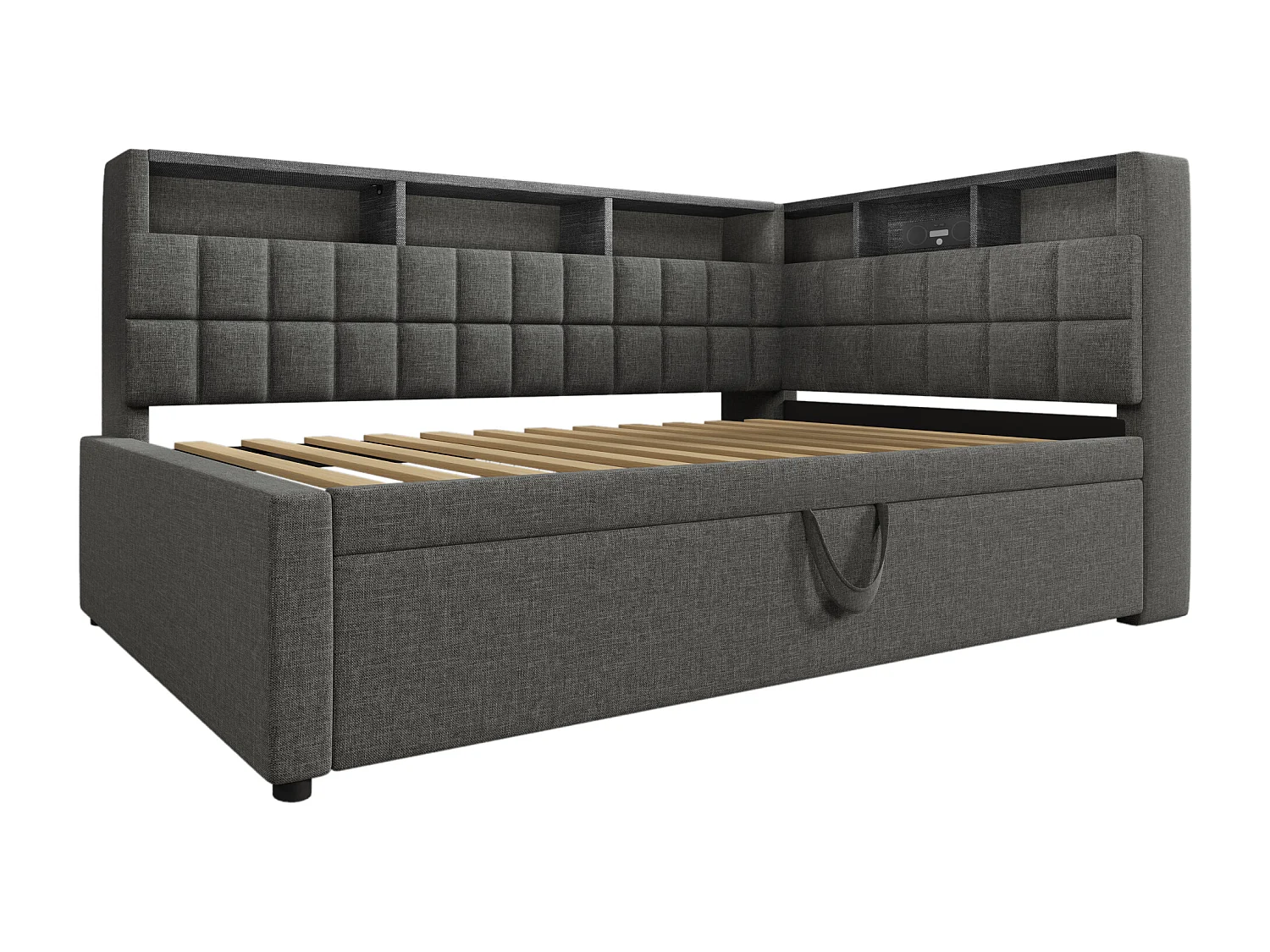 Divano letto 90x200cm con letto estraibile 90x190cm - Letto per bambini con LED, USB e Type-C - Lino grigio