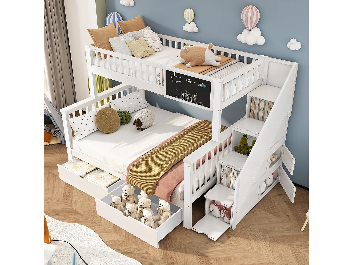 Kinderstapelbed 90x200cm en 140x200cm met krijtbord en 2 lades - Wit