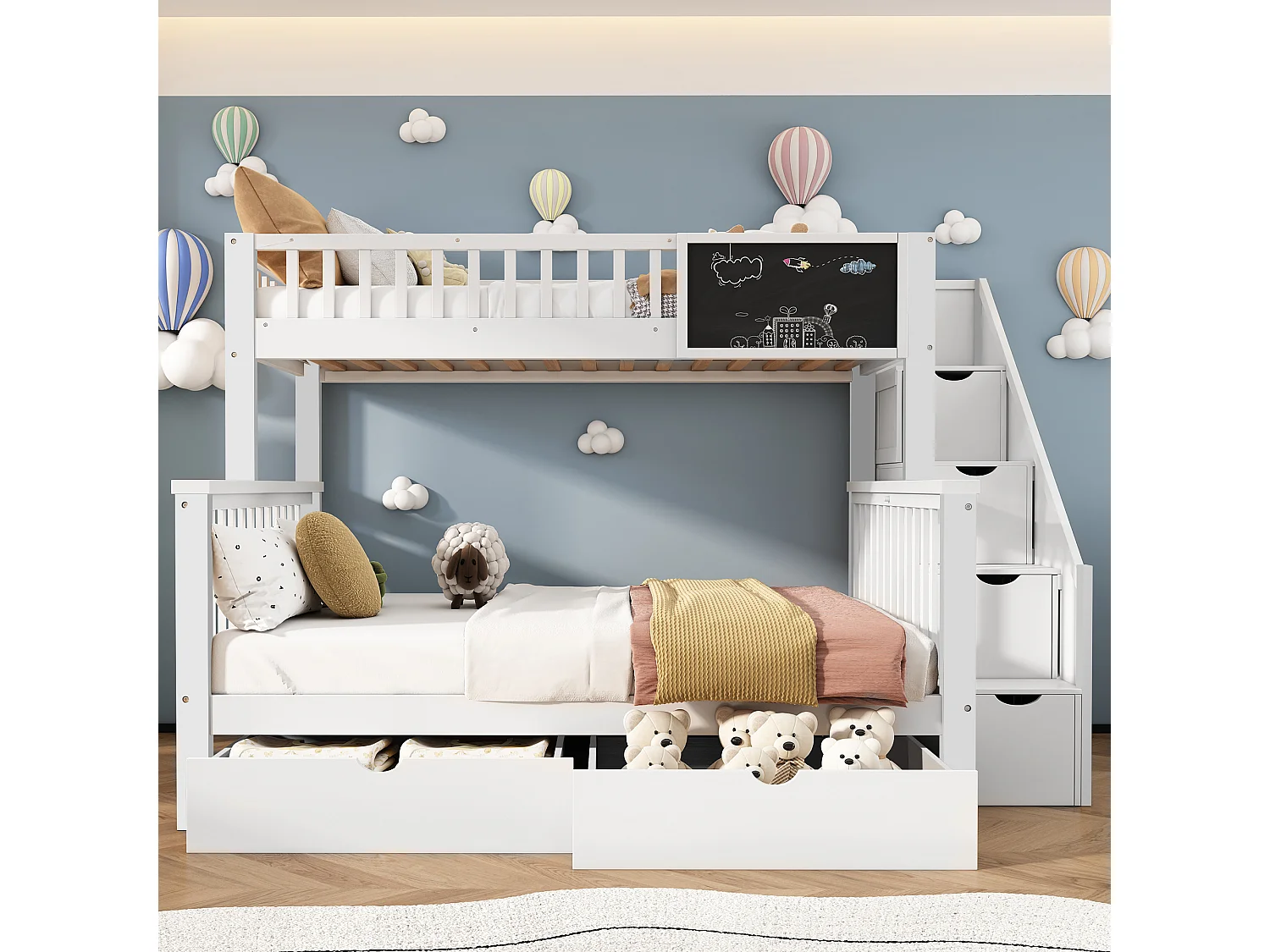 Kinderstapelbed 90x200cm en 140x200cm met krijtbord en 2 lades - Wit