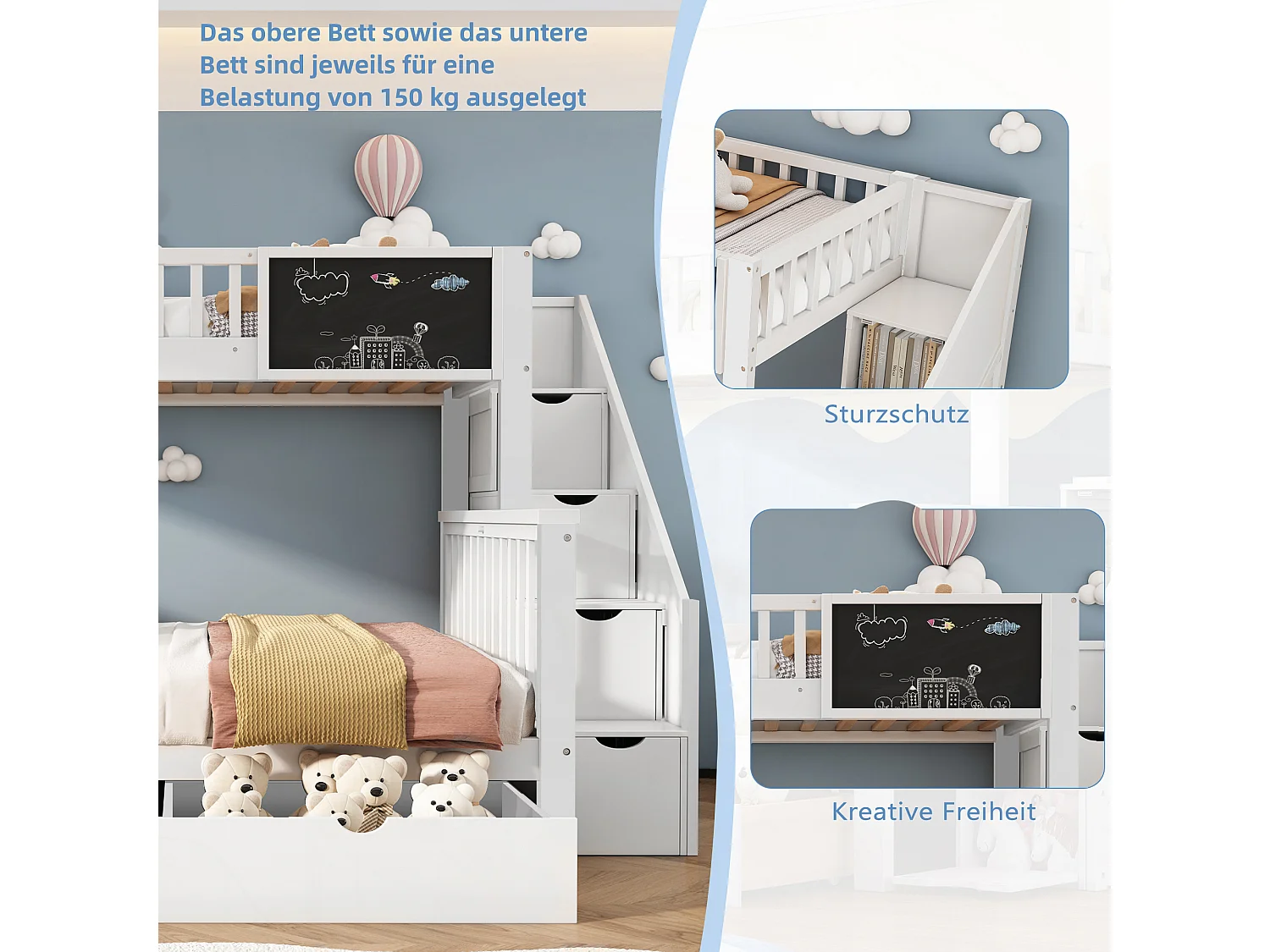 Kinderstapelbed 90x200cm en 140x200cm met krijtbord en 2 lades - Wit