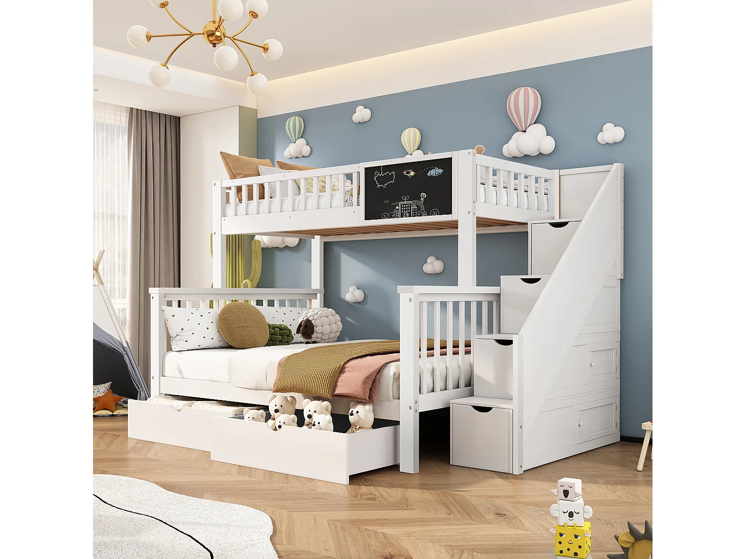 Kinderstapelbed 90x200cm en 140x200cm met krijtbord en 2 lades - Wit