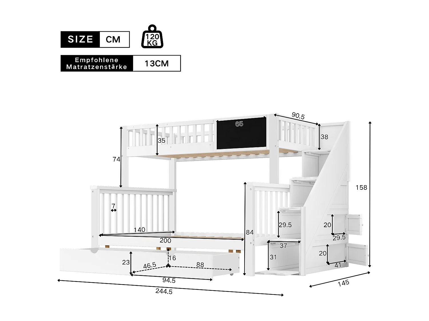 Kinderstapelbed 90x200cm en 140x200cm met krijtbord en 2 lades - Wit