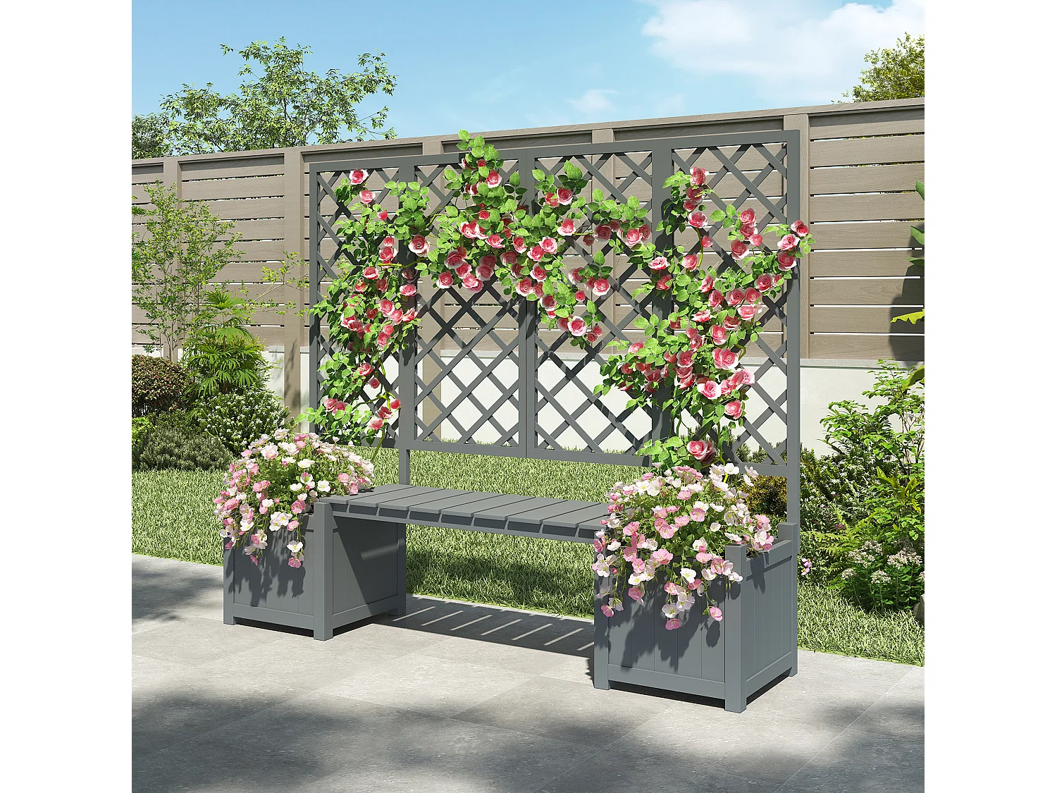 Jardinière à poser avec treillis et assise en bois gris - Bac à plantes 169x42x145 cm