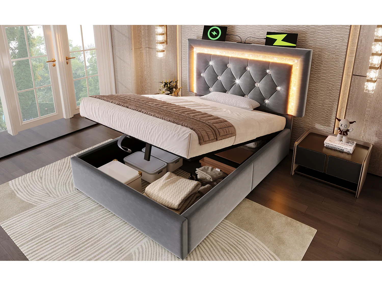 Eenpersoons opbergbed 90x200 cm met LED-verlichting, USB- en Type-C-aansluiting - Grijs fluweel