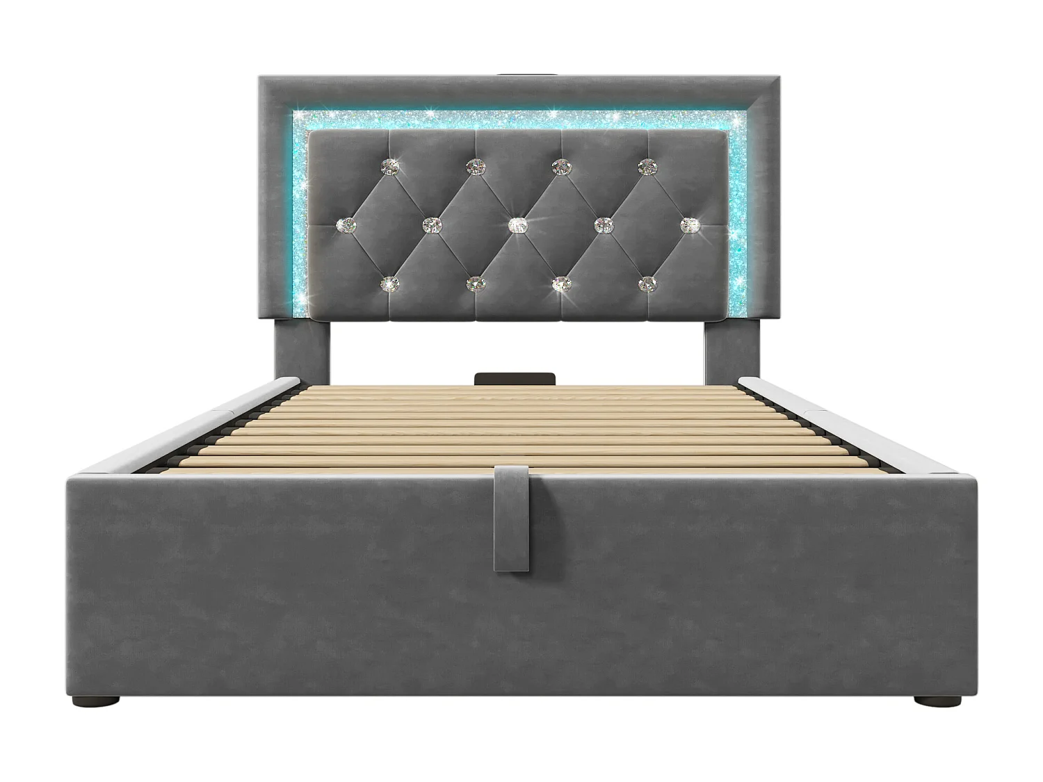 Eenpersoons opbergbed 90x200 cm met LED-verlichting, USB- en Type-C-aansluiting - Grijs fluweel