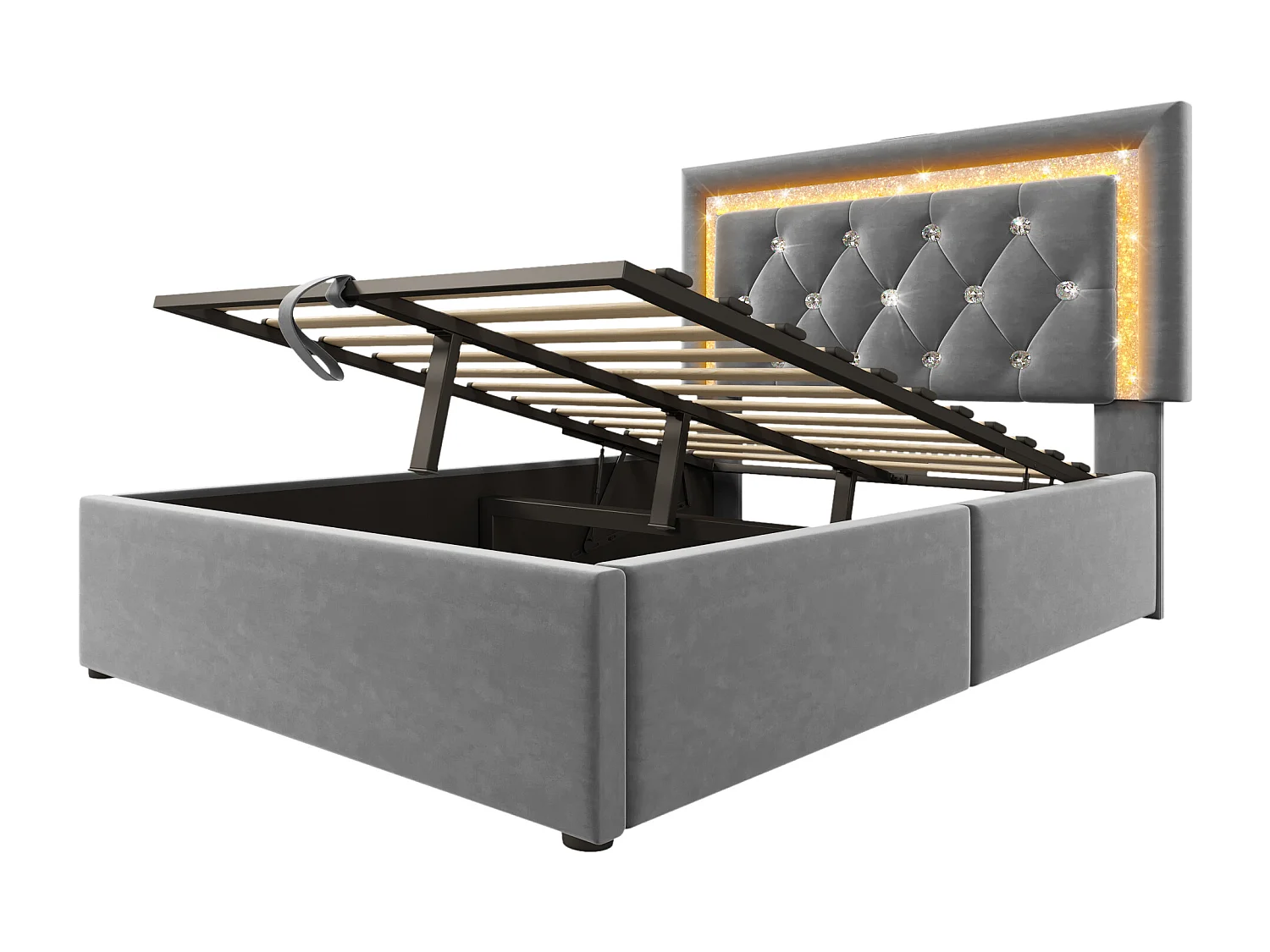 Eenpersoons opbergbed 90x200 cm met LED-verlichting, USB- en Type-C-aansluiting - Grijs fluweel