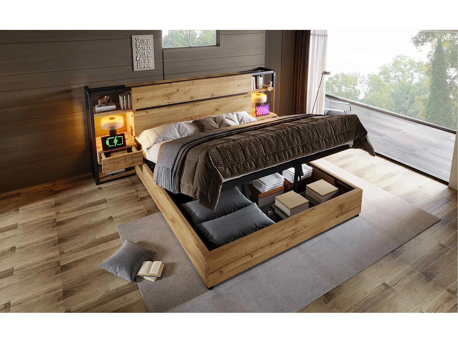 Letto matrimoniale in legno 180x200cm con contenitore - Letto per adulti con 2 cassetti, USB e Type-C - Naturale chiaro