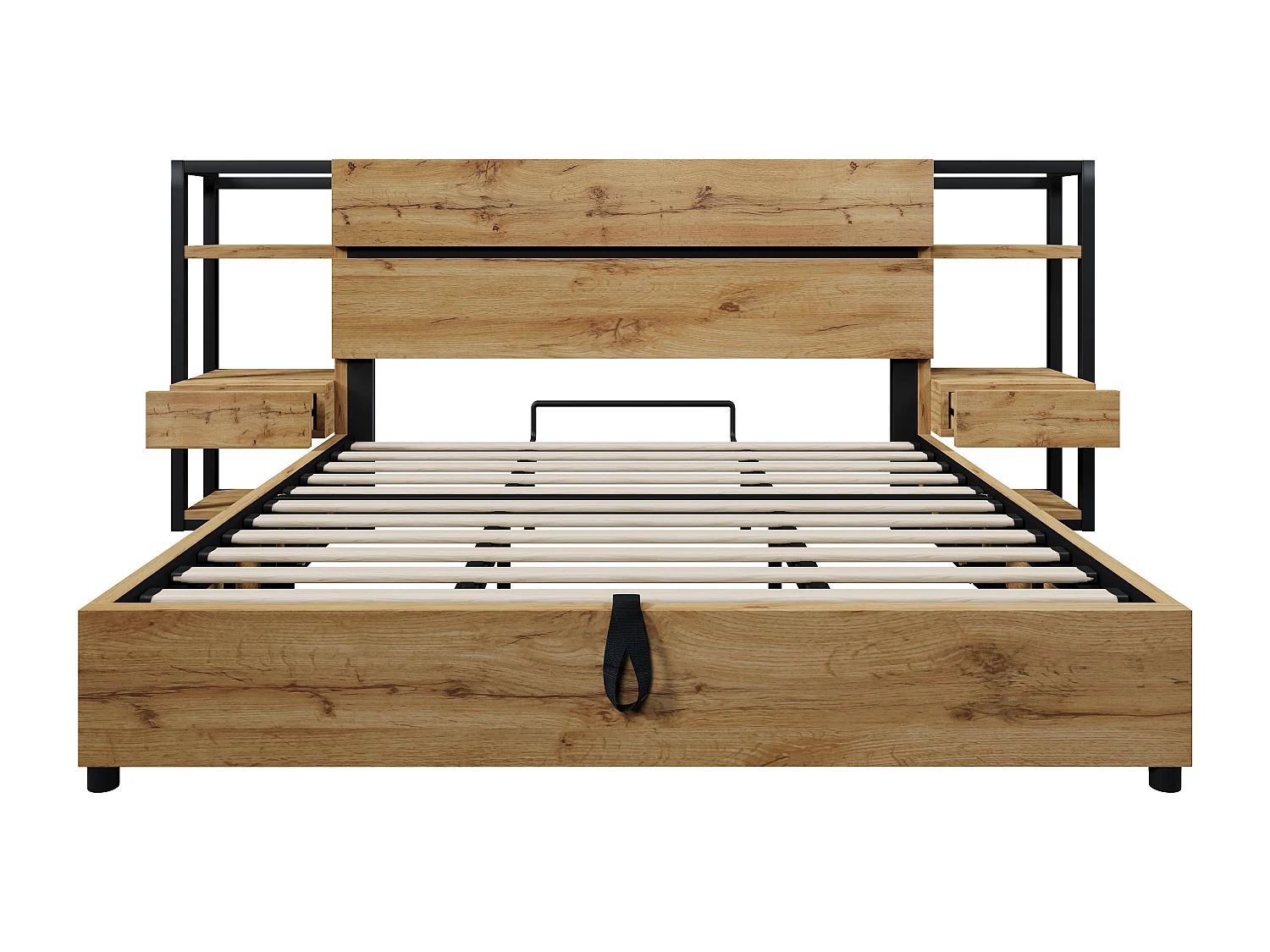 Letto matrimoniale in legno 180x200cm con contenitore - Letto per adulti con 2 cassetti, USB e Type-C - Naturale chiaro