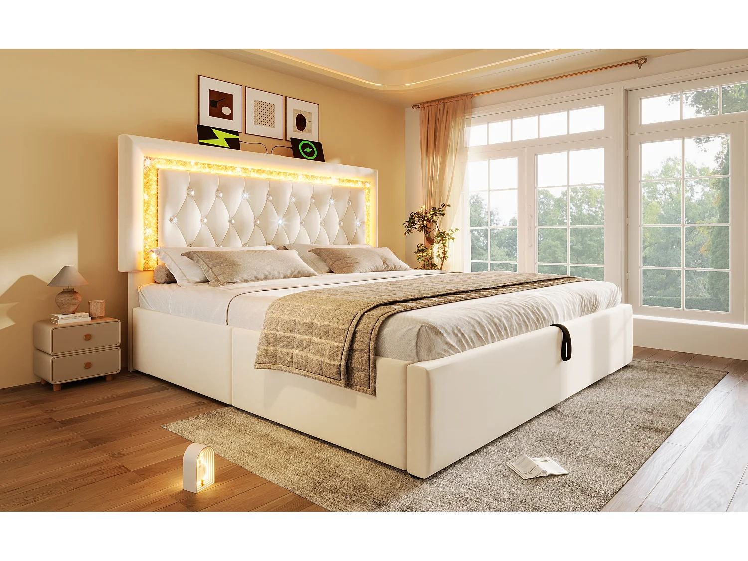 Opbergbed van 160x200 cm in beige fluweel - Volwassenenbed met ledverlichting, USB- en Type-C-aansluiting (matras niet inbegrepen)