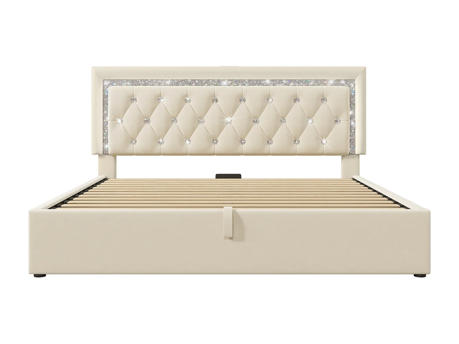 Opbergbed van 160x200 cm in beige fluweel - Volwassenenbed met ledverlichting, USB- en Type-C-aansluiting (matras niet inbegrepen)