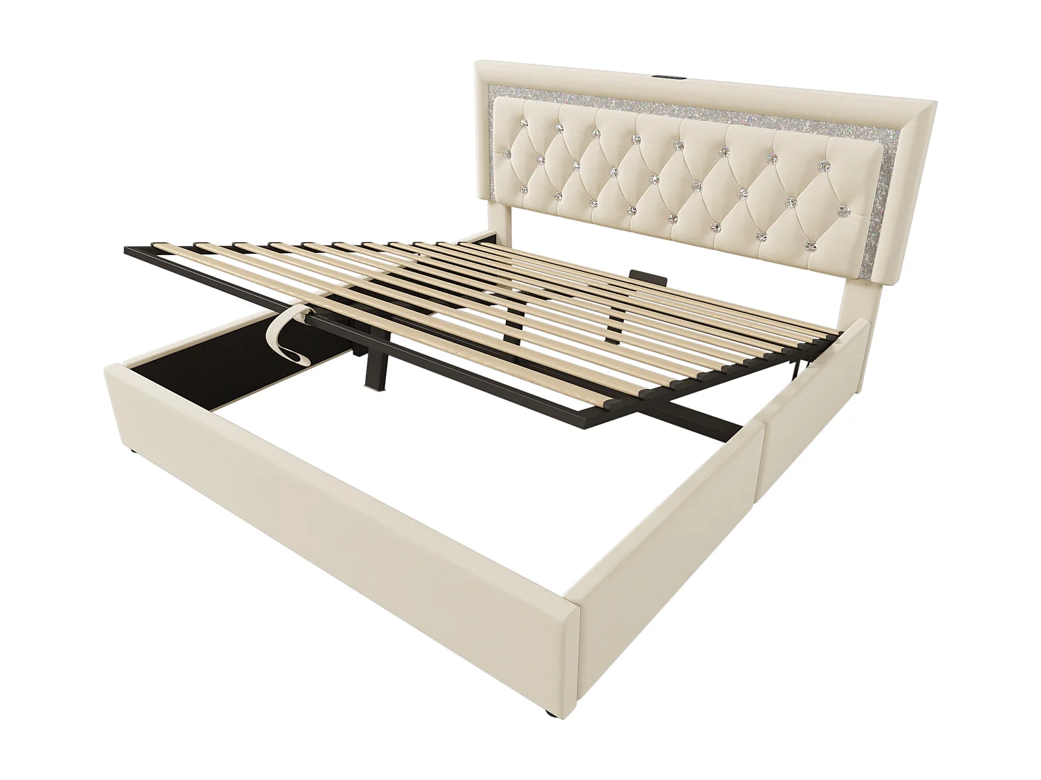 Opbergbed van 160x200 cm in beige fluweel - Volwassenenbed met ledverlichting, USB- en Type-C-aansluiting (matras niet inbegrepen)