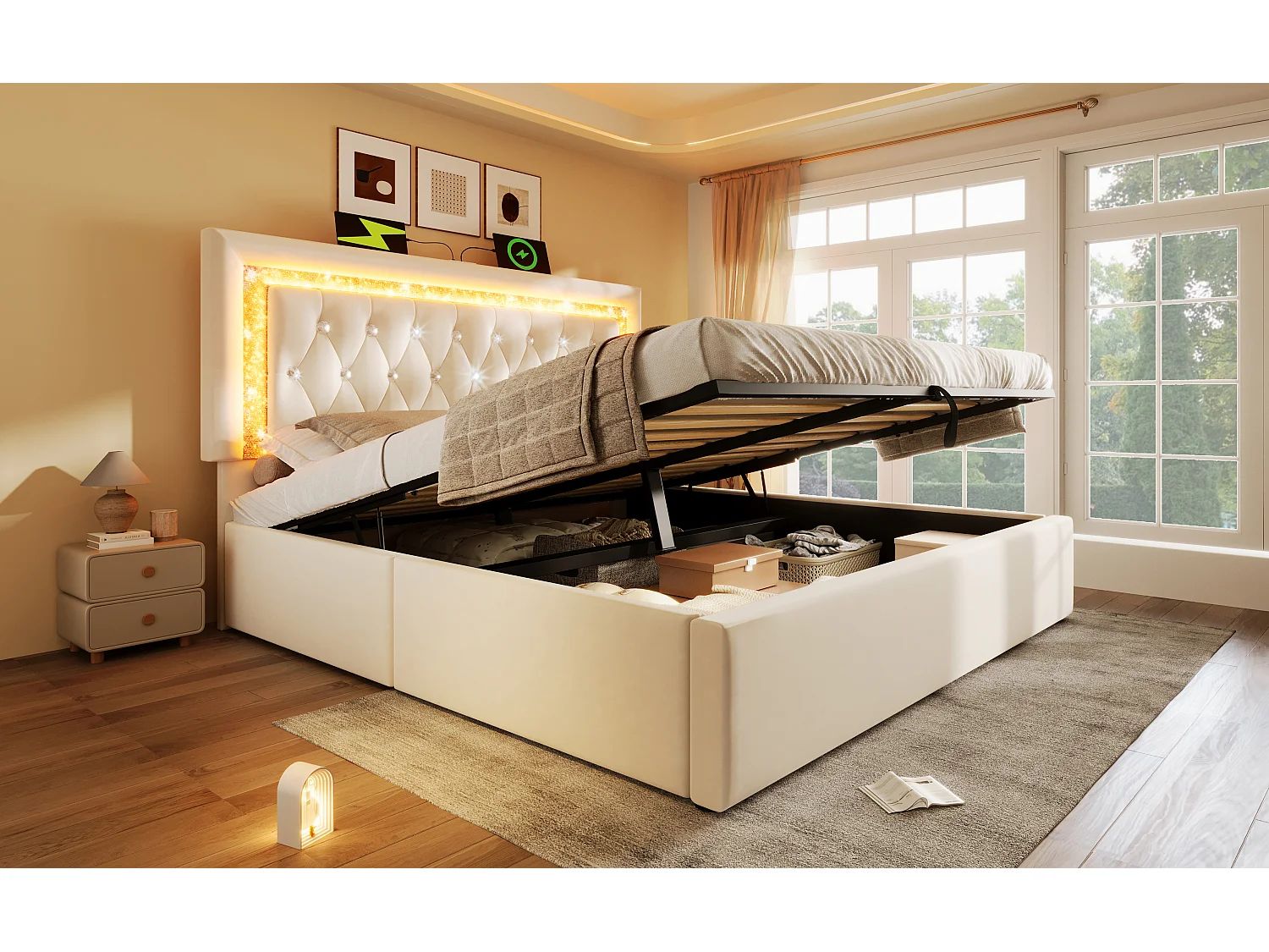 Opbergbed voor volwassenen 140x200 cm met LED-verlichting, USB- en Type-C-aansluiting - Beige fluweel (matras niet inbegrepen)