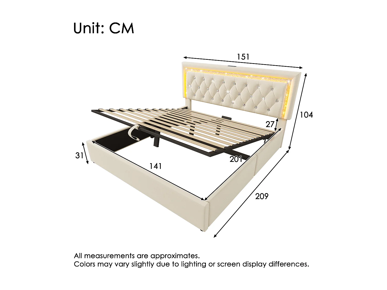 Opbergbed voor volwassenen 140x200 cm met LED-verlichting, USB- en Type-C-aansluiting - Beige fluweel (matras niet inbegrepen)