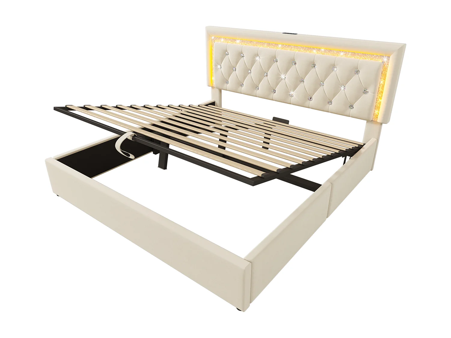 Opbergbed voor volwassenen 140x200 cm met LED-verlichting, USB- en Type-C-aansluiting - Beige fluweel (matras niet inbegrepen)